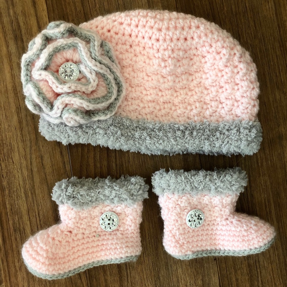 Pink Hand Knit Hat with Matching Booties